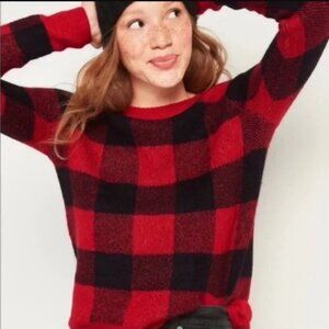 Old Navy Sweater Cozy Red Buffalo Plaid Women's Size Large Acrylic Nylon Blend